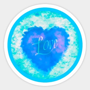 AQUA LOVE HEART CIRCLE, BLUE AND TURQUOISE, HANDWRITTEN WORD LOVE Sticker